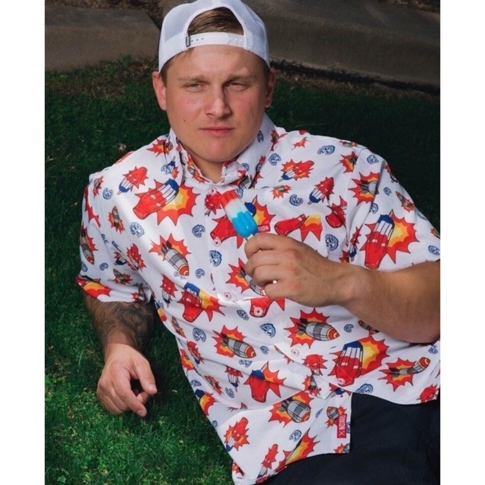 Dixxon Bombs Away Shirt Mens M Bomb Pop Allover Graphic Print SS‎ Button Up
